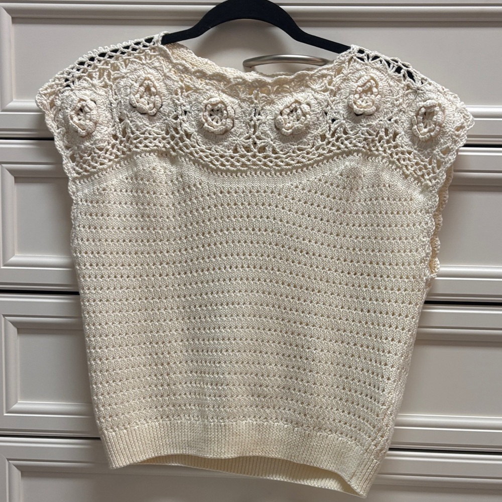 Sundance Cream Open-Knit Floral Yoke Top